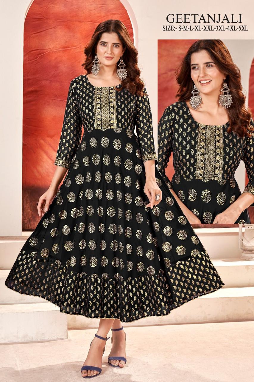 Geetanjali By Sangeet Anarkali Foil Gold Printed Kurtis Wholesale Shop In Surat